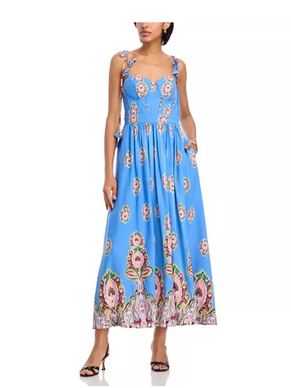 Aqua Sky Blue Floral Tie-Shoulder Linnen Blend Maxi Dress